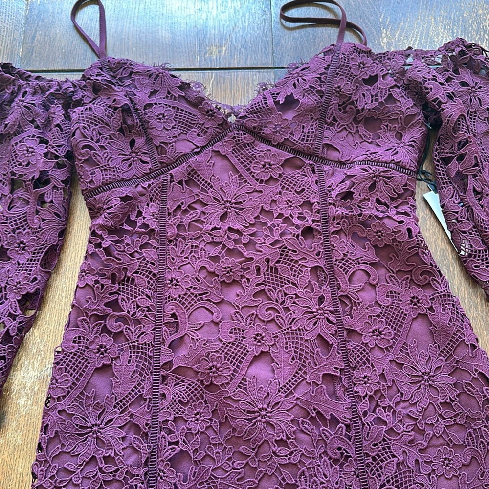 Burgundy Plum Lace Midi Dress Bell Sleeve Wedding Guest Cocktail Dress ASTR L